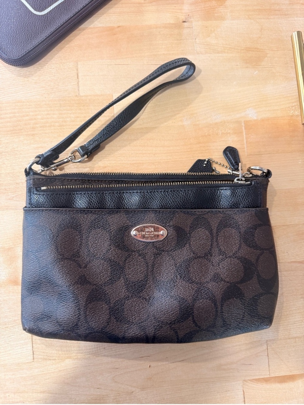 Coach Brown Signature Wristlet with Black Trim